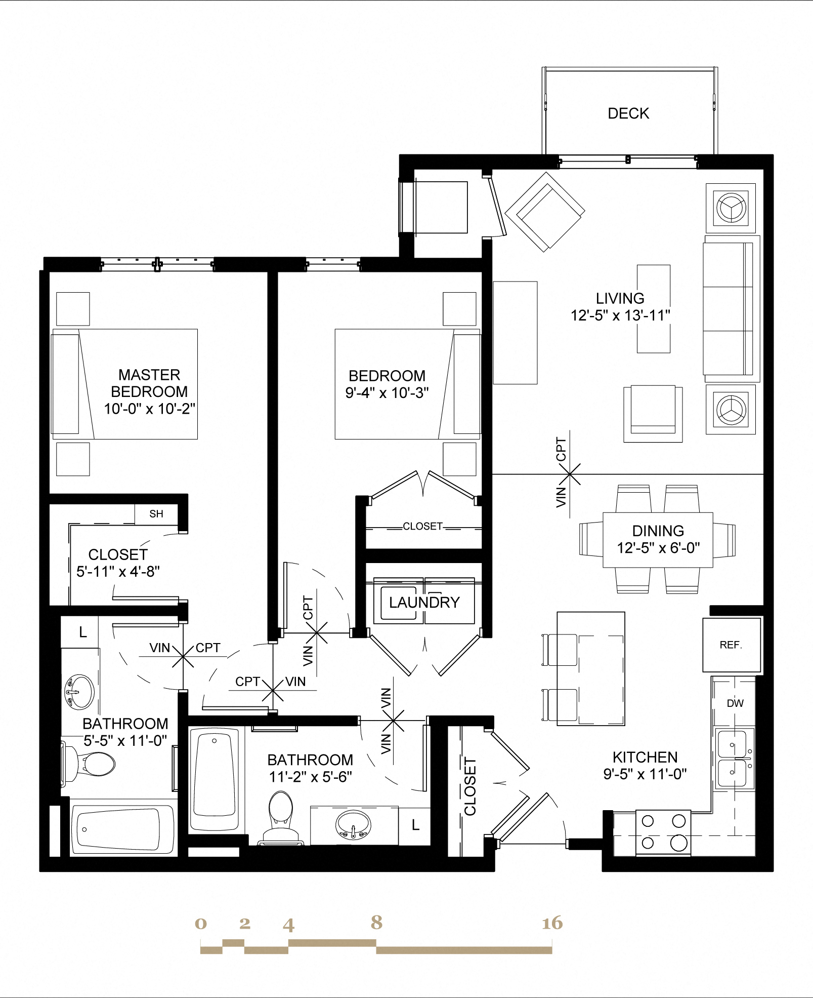 Floor plan for 2 beds, 2 baths, 1007 sqft